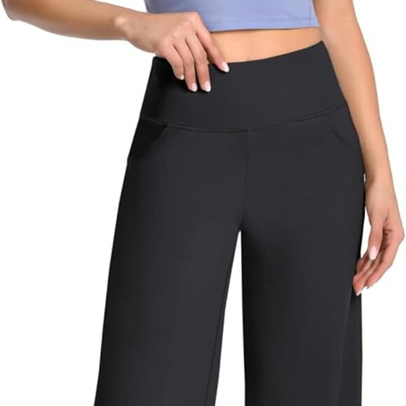 Black High Waist Wide Legs Yoga Pants with Pockets, 35" Inseam, Tummy Control - Picture 2 of 6